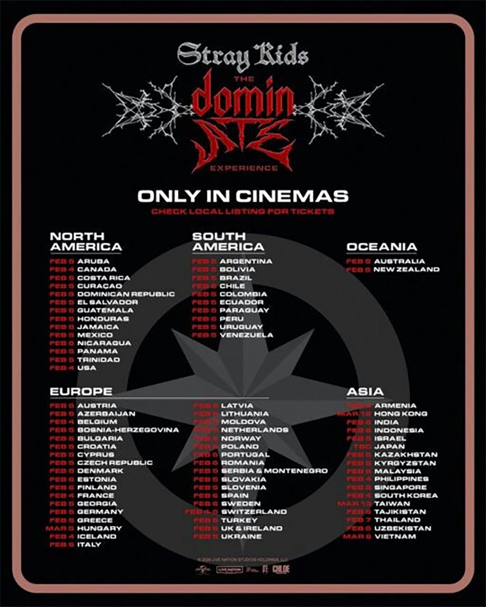 Danh sách về nơi bộ phim “Stray Kids: The dominATE Experience” sẽ được chiếu. (Ảnh: Koreaboo)