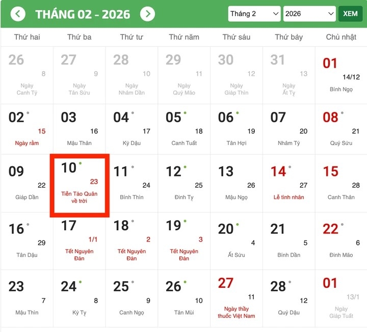 Tết ông Công ông Táo năm 2026 rơi vào Thứ Ba, ngày 10/2/2026 Dương lịch. (Ảnh: Chụp màn hình)