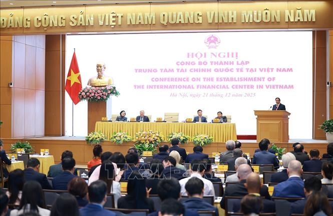 Thủ tướng Phạm Minh Chính phát biểu chỉ đạo tại Hội nghị công bố thành lập Trung tâm Tài chính quốc tế tại Việt Nam. Ảnh: Dương Giang/TTXVN