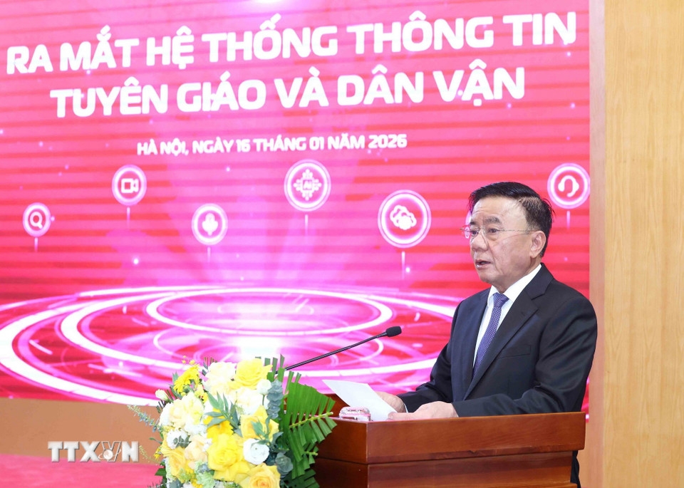 Thường trực Ban Bí thư Trần Cẩm Tú phát biểu chỉ đạo tại Lễ ra mắt ứng dụng Tuyên giáo và Dân vận Trung ương. (Ảnh: TTXVN)