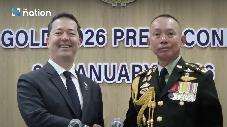 Tổng Tư lệnh các lực lượng vũ trang Thái Lan Ukrit Boontanon và Đại sứ Mỹ tại Thái Lan Sean K. O’Neill ngày 26.1 đồng chủ trì buổi họp báo chung về cuộc tập trận Hổ mang vàng 2026. Nguồn The Nation