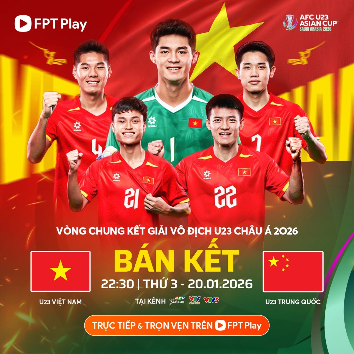 Trận đấu giữa U23 Việt Nam vs U23 Trung Quốc diễn ra vào lúc 22h30 hôm nay 20/1.