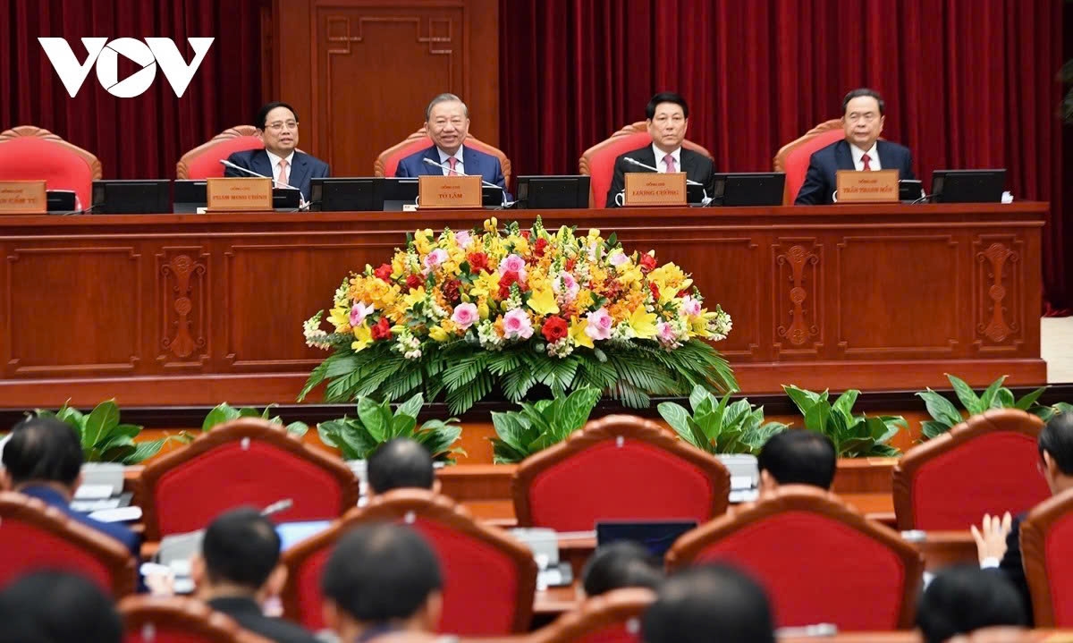 Tổng Bí thư Tô Lâm và lãnh đạo Đảng, Nhà nước tại Hội nghị lần thứ XV Ban Chấp hành Trung ương Đảng khoá XIII. Ảnh: Ngọc Thành