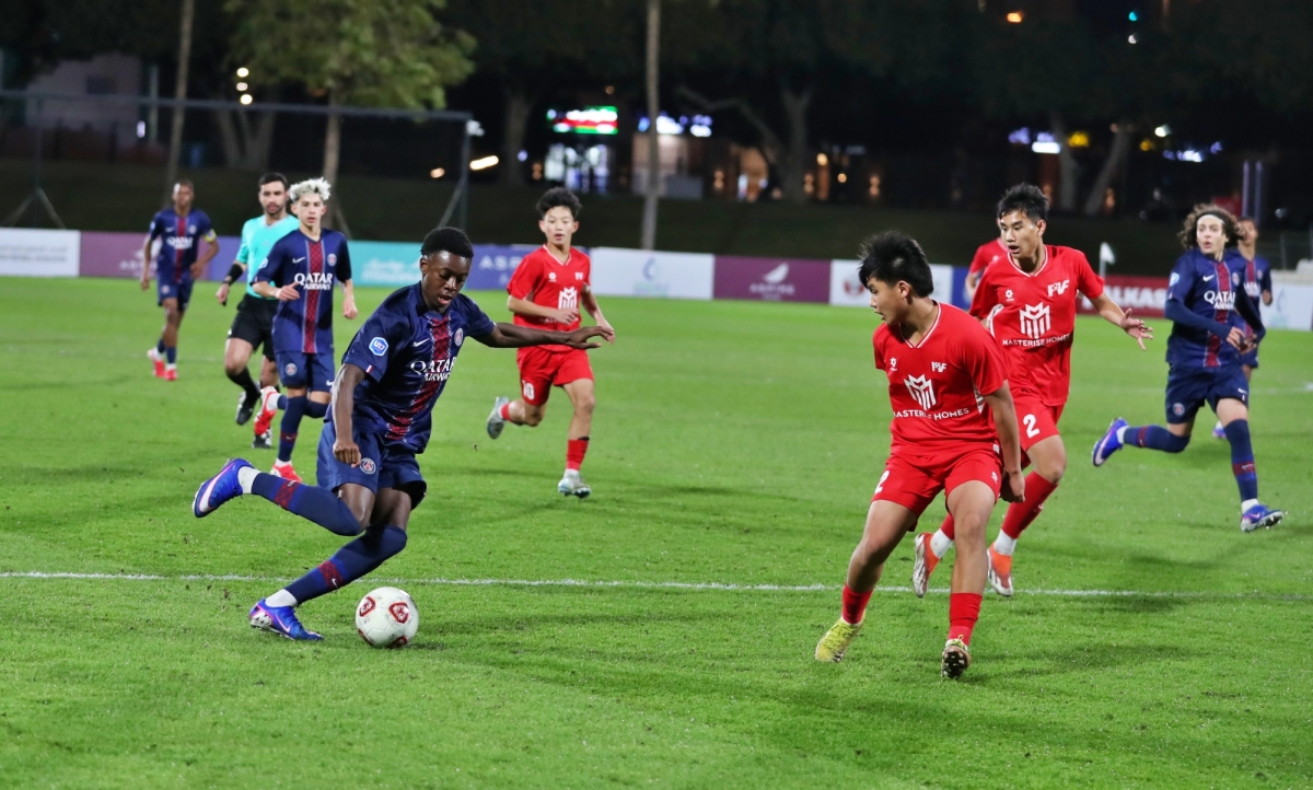 Trận đấu giữa U16 PVF vs U16 PSG khép lại với tỉ số 1-1. (Ảnh: Alkass International Cup)