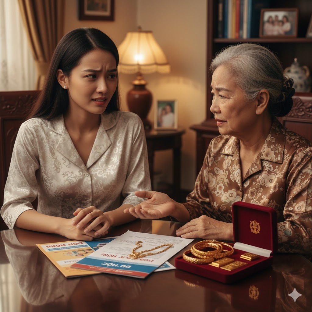Mẹ chồng muốn mượn tôi số vàng cưới để lo cho cô út đi du học (Ảnh minh họa, nguồn: AI)