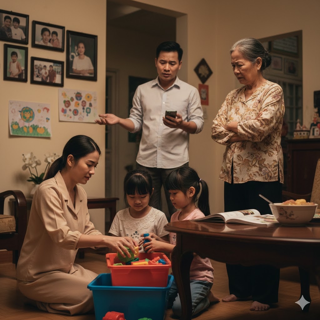 Việc bố mẹ can thiệp quá sâu chuyện vợ chồng tôi dạy con khiến không khí gia đình căng thẳng (Ảnh minh họa, nguồn: AI)