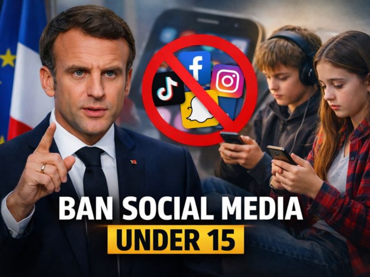 Tổng thống Pháp Emmanuel Macron tuyên bố sẽ cấm trẻ dưới 15 tuổi sử dụng mạng xã hội và cấm điện thoại di động trong các trường trung học. Ảnh: News X