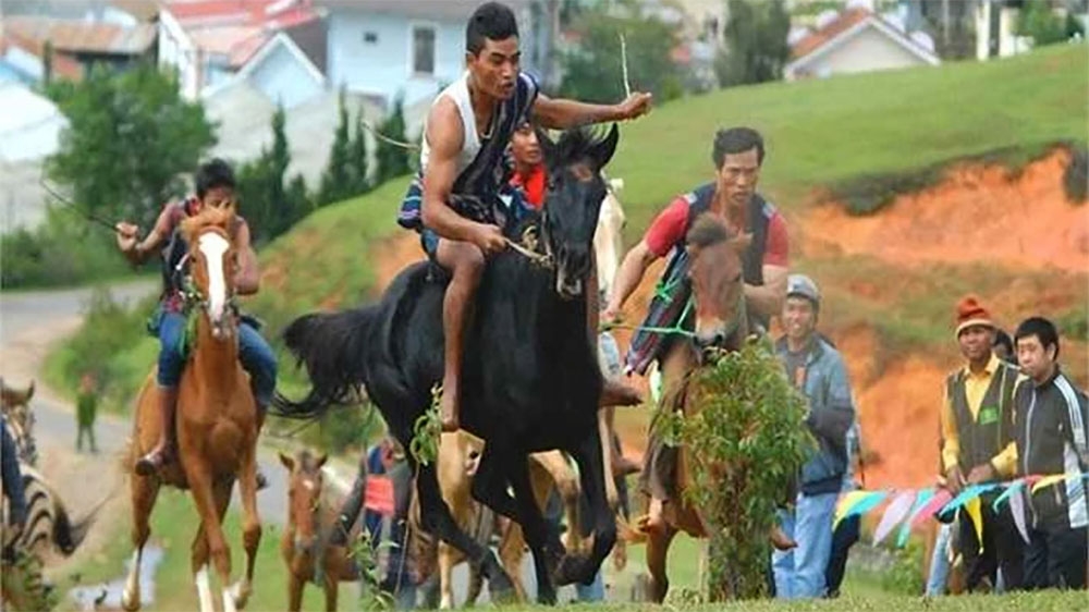 Đua ngựa không yên chinh phục đỉnh núi Lang Biang là cuộc đua chơi dân gian, hình thành một cách hồn nhiên như để thể hiện sức mạnh, sự phóng khoáng, bay bổng của những người con nam Tây Nguyên.