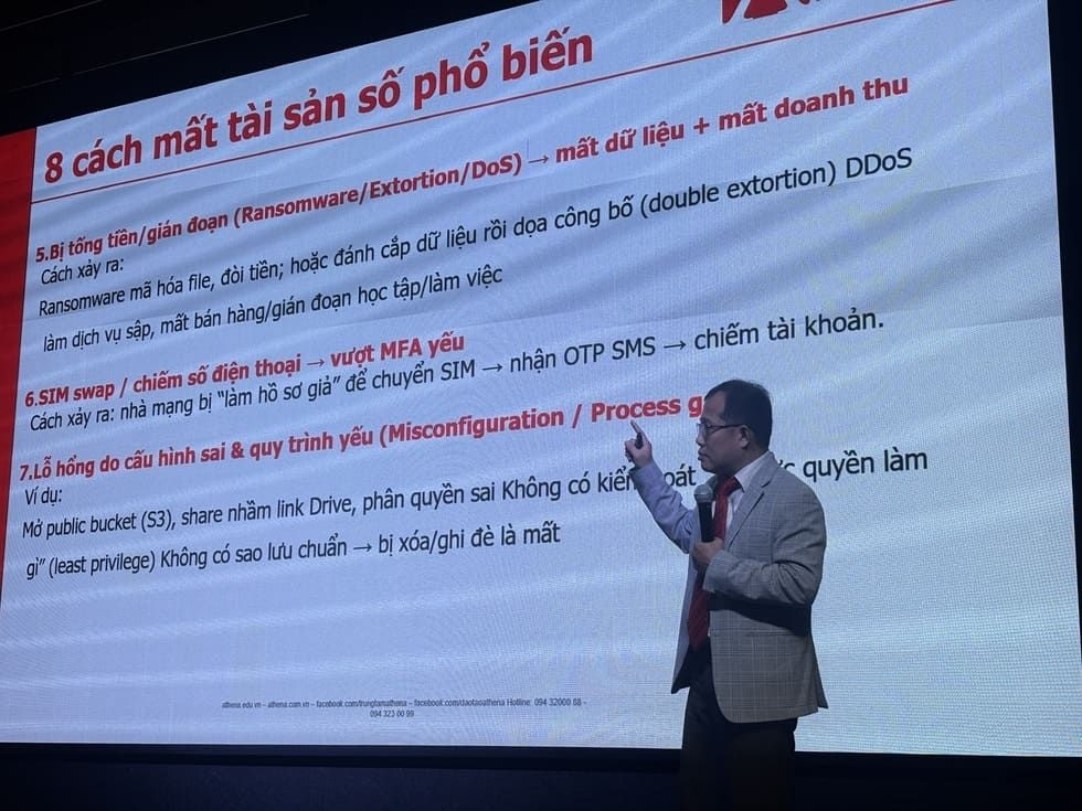 Ông Võ Đỗ Thắng, Giám đốc Trung tâm Đào tạo an ninh mạng Athena, chỉ ra những trường hợp mất tài sản số phổ biến hiện nay. Ảnh: M.A