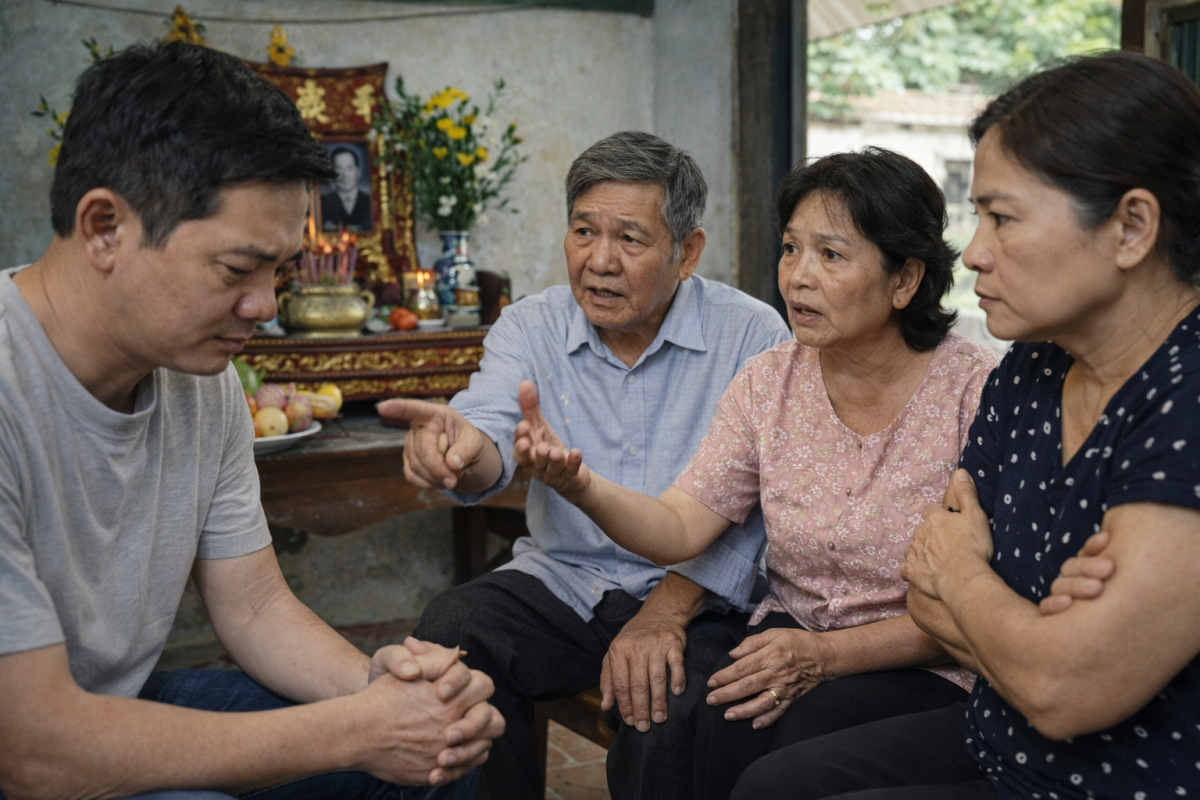 Họ hàng cho rằng anh không phải con đẻ, nên không có quyền giữ nhà, càng không có quyền hương khói cho ông bà tổ tiên. (ảnh minh họa: AI)