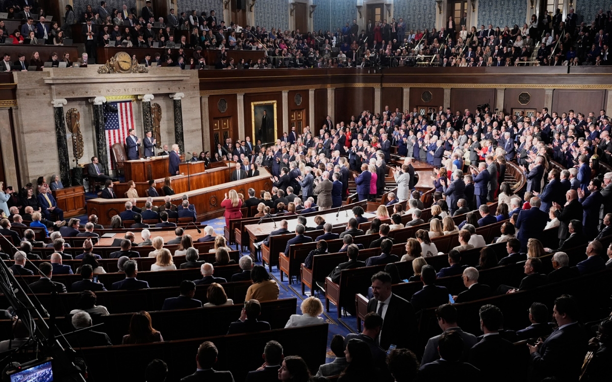 ổng thống Mỹ Trump phát biểu tại Hạ viện Mỹ hôm 24/2. Ảnh: AP.