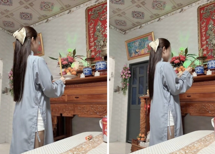 Cô gái gây tranh cãi khi diện quần ngắn, áo lam thắp hương gia tiên