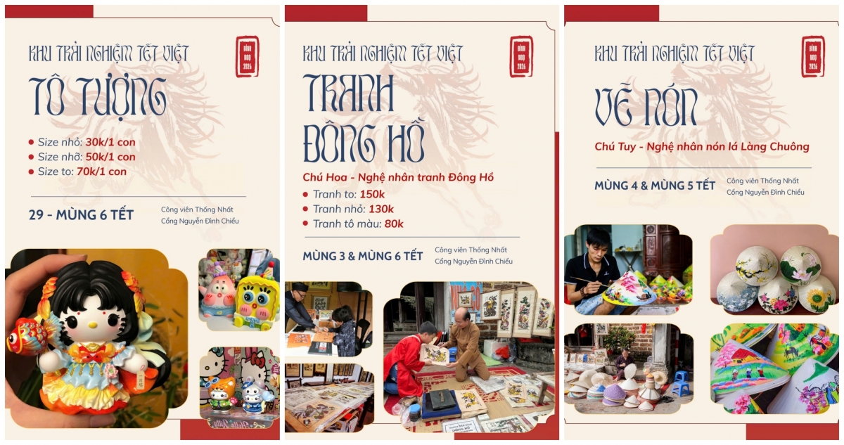 Các hoạt động tại "Khu trải nghiệm Tết Việt” từ ngày 16 - 22/2 (tức ngày 29 tháng Chạp đến mùng 6 Tết) tại công viên Thống Nhất (cổng Nguyễn Đình Chiểu), Hà Nội.