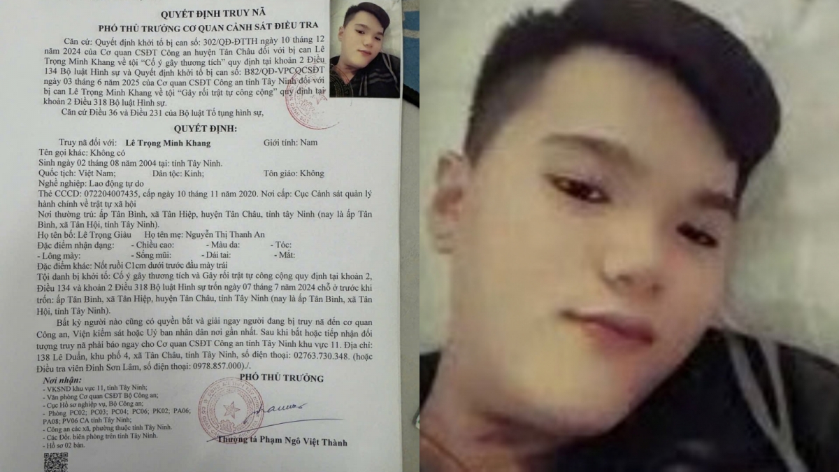 Ngày 18/2, Công an tỉnh Tây Ninh cho biết đã bắt giữ đối tượng trốn truy nã nguy hiểm tên Lê Trọng Minh Khang (SN 2004, ngụ ấp Tân Bình, xã Tân Hội, tỉnh Tây Ninh). Đây là đối tượng bị truy nã về hành vi cố ý gây thương tích và gây rối trật tự công cộng. Đối tượng bước đầu khai nhận, về nhà đón tết sau hơn 6 tháng lẩn trốn thì bị bắt giữ. (Ảnh: CACC)