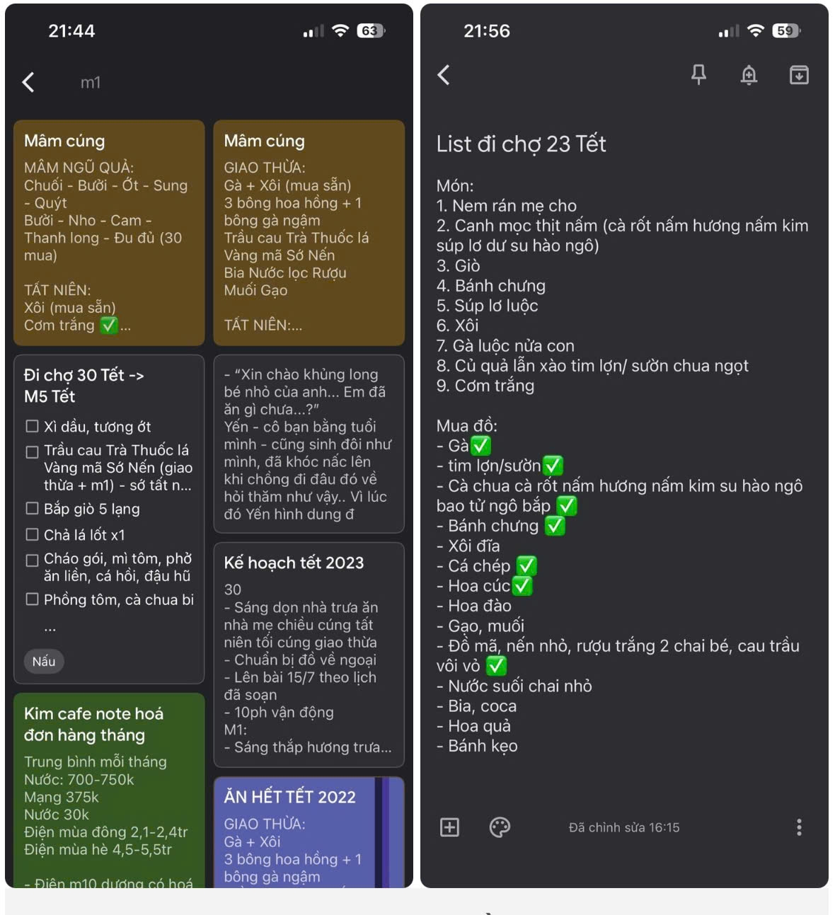Chị Trang liệt kê những món cần làm và những thứ cần mua.