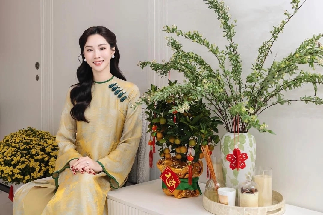 Hoa hậu Đặng Thu Thảo khoe một góc trong căn hộ triệu USD được cô trang hoàng dịp Tết Bính Ngọ với một cây tắc nhỏ để bàn cùng chậu cúc màu vàng rực với ý nghĩa thu hút tài lộc, may mắn đến với gia chủ theo quan niệm truyền thống.