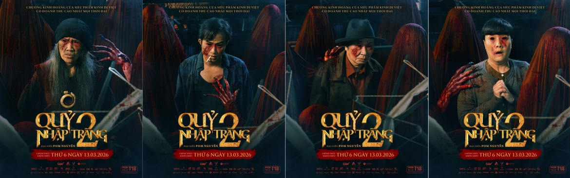 Loạt poster nhân vật của Quỷ Nhập Tràng 2 hé lộ bối cảnh xưởng vải nhuốm màu u ám. (Ảnh: CGV)