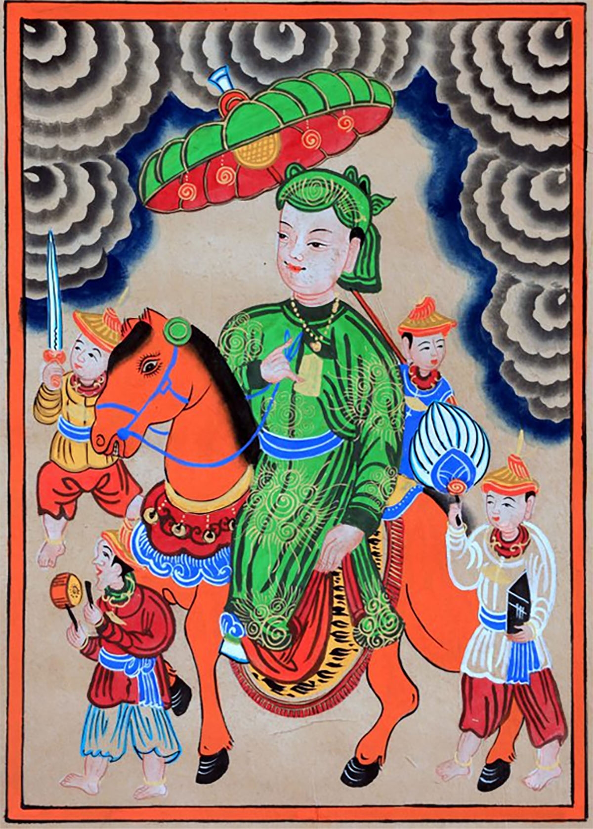 Giống như trong tranh Đông Hồ, hình tượng ngựa trong dòng tranh dân gian khác như tranh Hàng Trống, tranh Kim Hoàng hay tranh Làng Sình cũng có hình tượng ngựa nhưng không đa dạng như trong dòng tranh Đồng Hồ. (Ảnh: Ngựa trong tranh Hàng Trống)