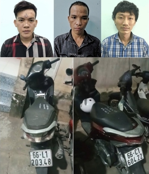 Từ trái sang: Cổ Thanh Anh, Nguyễn Văn Hoàng và Nguyễn Thành Trung cùng tang vật. (Ảnh: CACC)