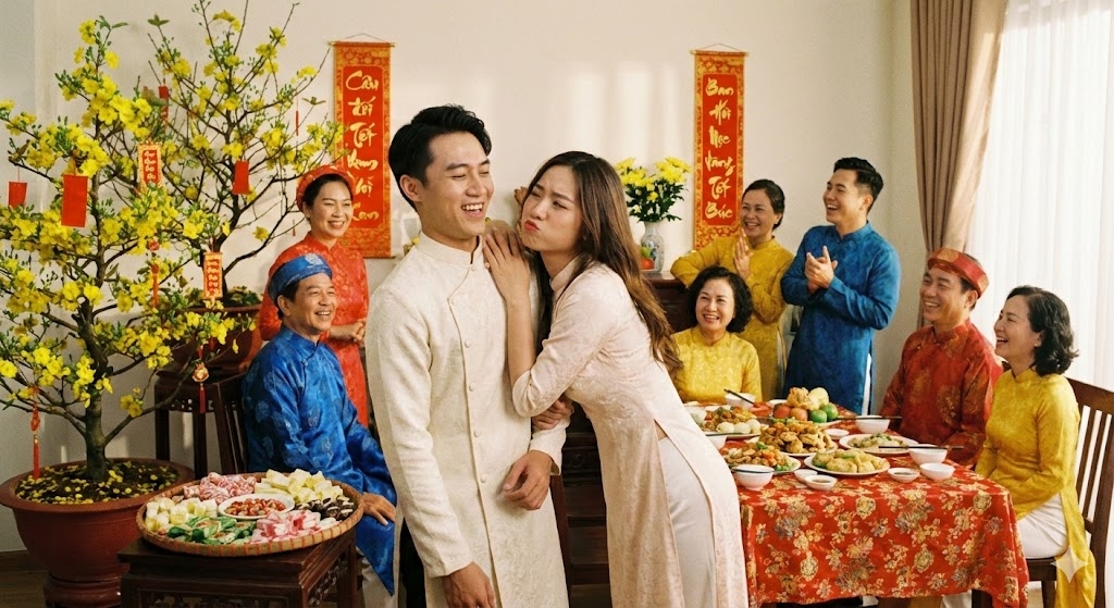 Ngay trước mặt người lớn, bạn gái vẫn nhõng nhẽo khiến tôi ái ngại (Ảnh minh họa, nguồn: AI)