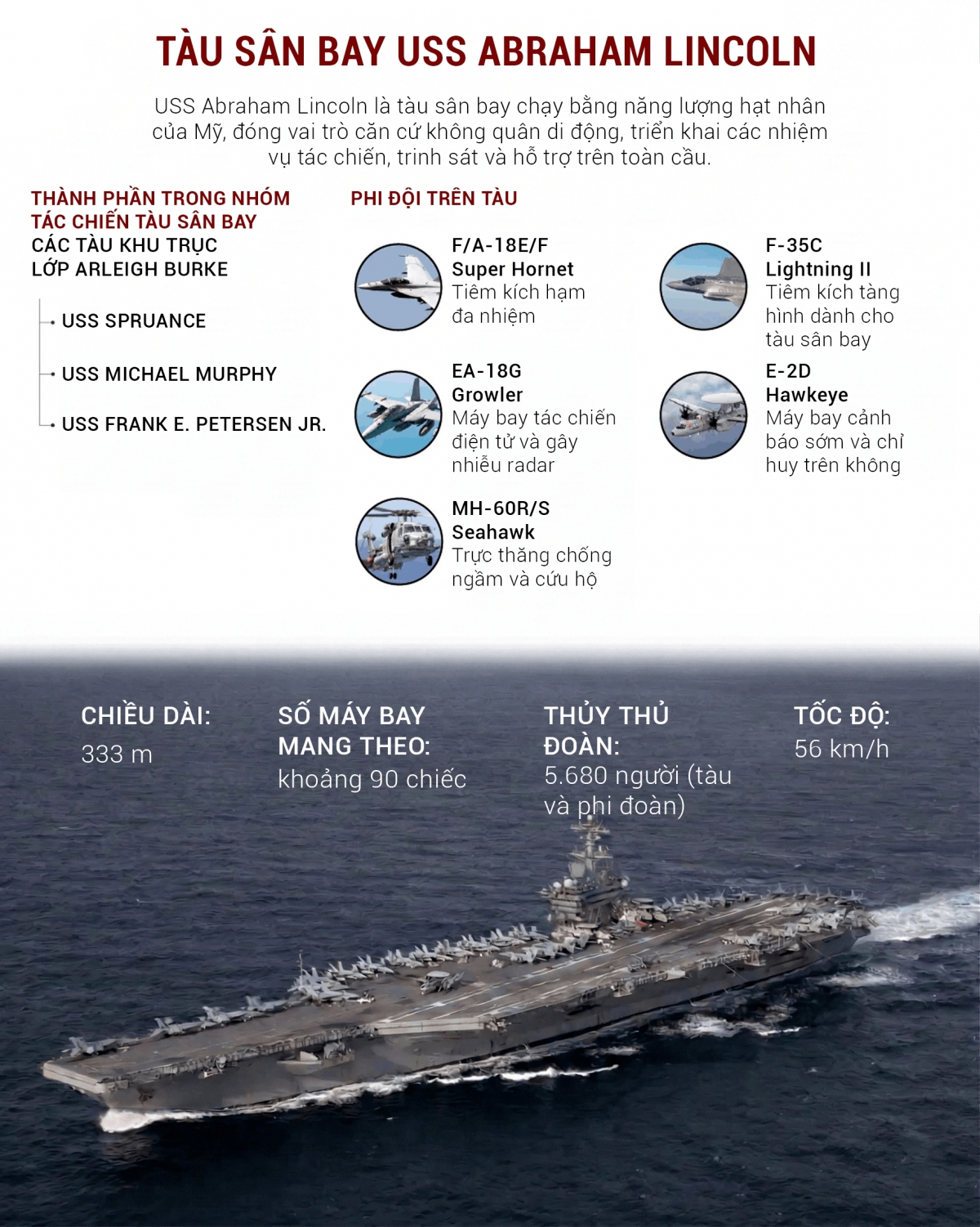 Hai tàu sân bay USS Abraham Lincoln và USS Gerald R. Ford là trụ cột hiện diện hải quân của Mỹ tại Biển Ả Rập và Địa Trung Hải. Bên cạnh đó, một hạm đội tàu khu trục tên lửa dẫn đường lớp Arleigh Burke đảm nhiệm cả vai trò tấn công và phòng thủ tên lửa thông qua hệ thống chiến đấu Aegis.