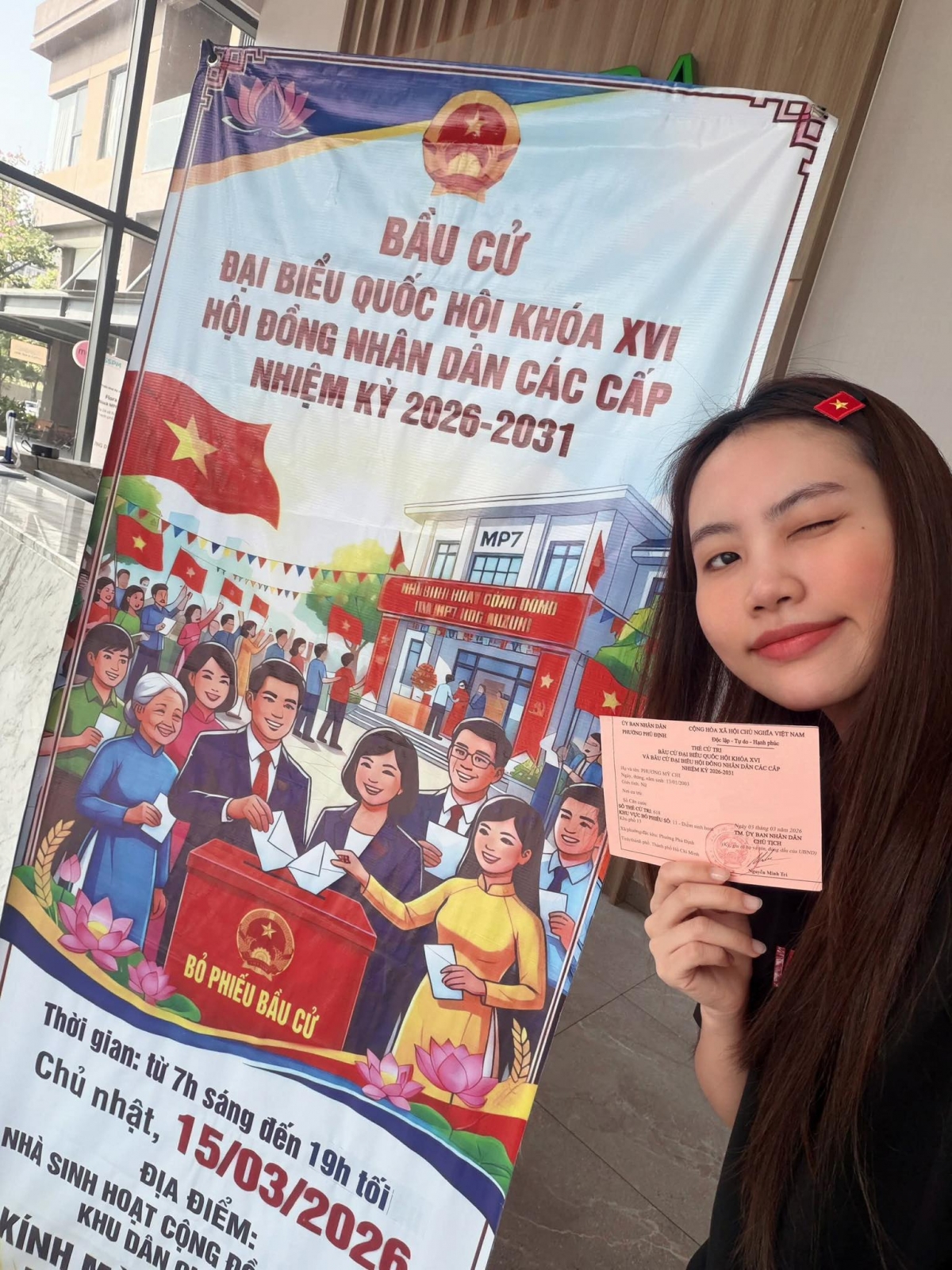 Ca sĩ Phương Mỹ Chi bày tỏ: "Chúc ngày bầu cử đại biểu Quốc hội khóa XVI và đại biểu Hội đồng nhân dân các cấp nhiệm kỳ 2026 - 2031 thành công tốt đẹp".