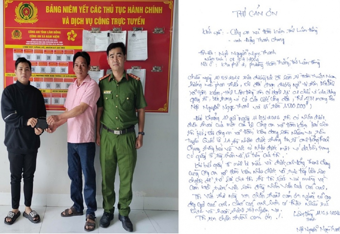Trả lại tài sản cho người bị đánh mất và thư cảm ơn Công an xã Hàm Kiệm