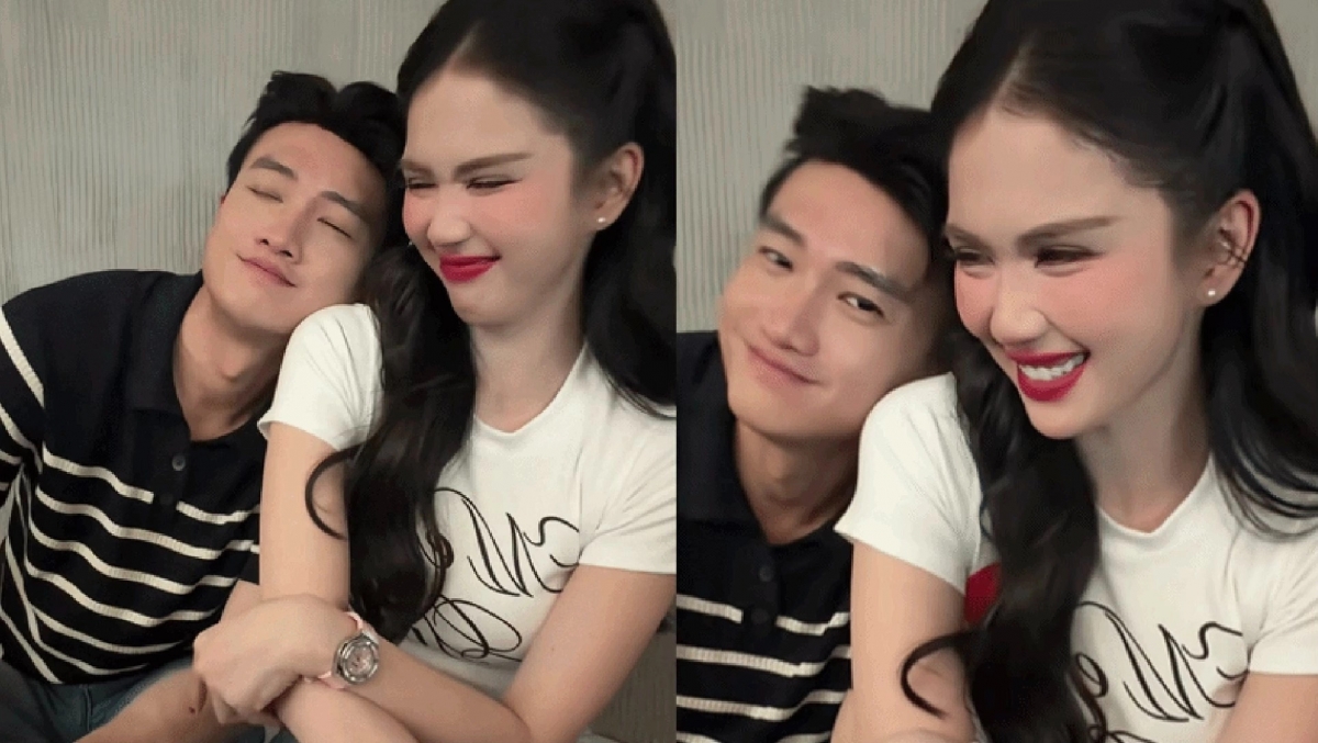 Quốc Trường tựa đầu lên vai Ngọc Trinh trong hậu trường một buổi livestream. Gần đây, cặp sao vướng nghi vấn hẹn hò sau thời gian dài hợp tác công việc, tuy nhiên, họ úp mở không nói rõ về mối quan hệ.