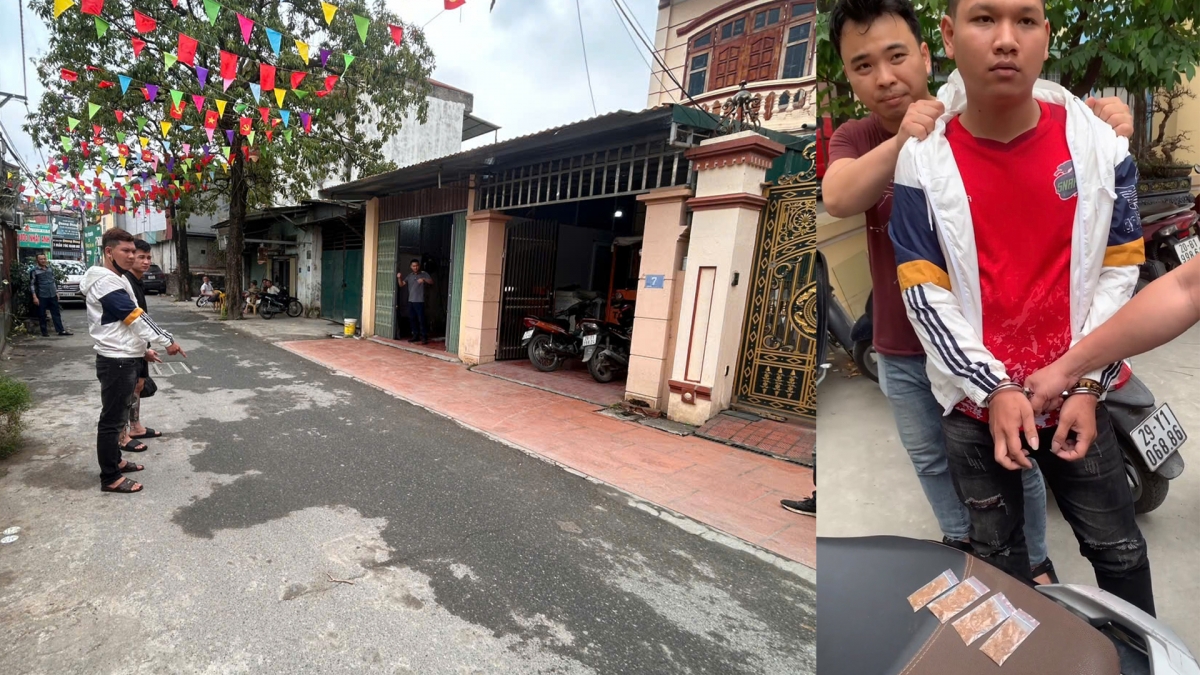 Đối tượng Nguyễn Đình Hiệu cùng đối tượng Nguyễn Văn Huy (bên trái) Đối tượng Phùng Thế Khải cùng tang vật (bên phải)