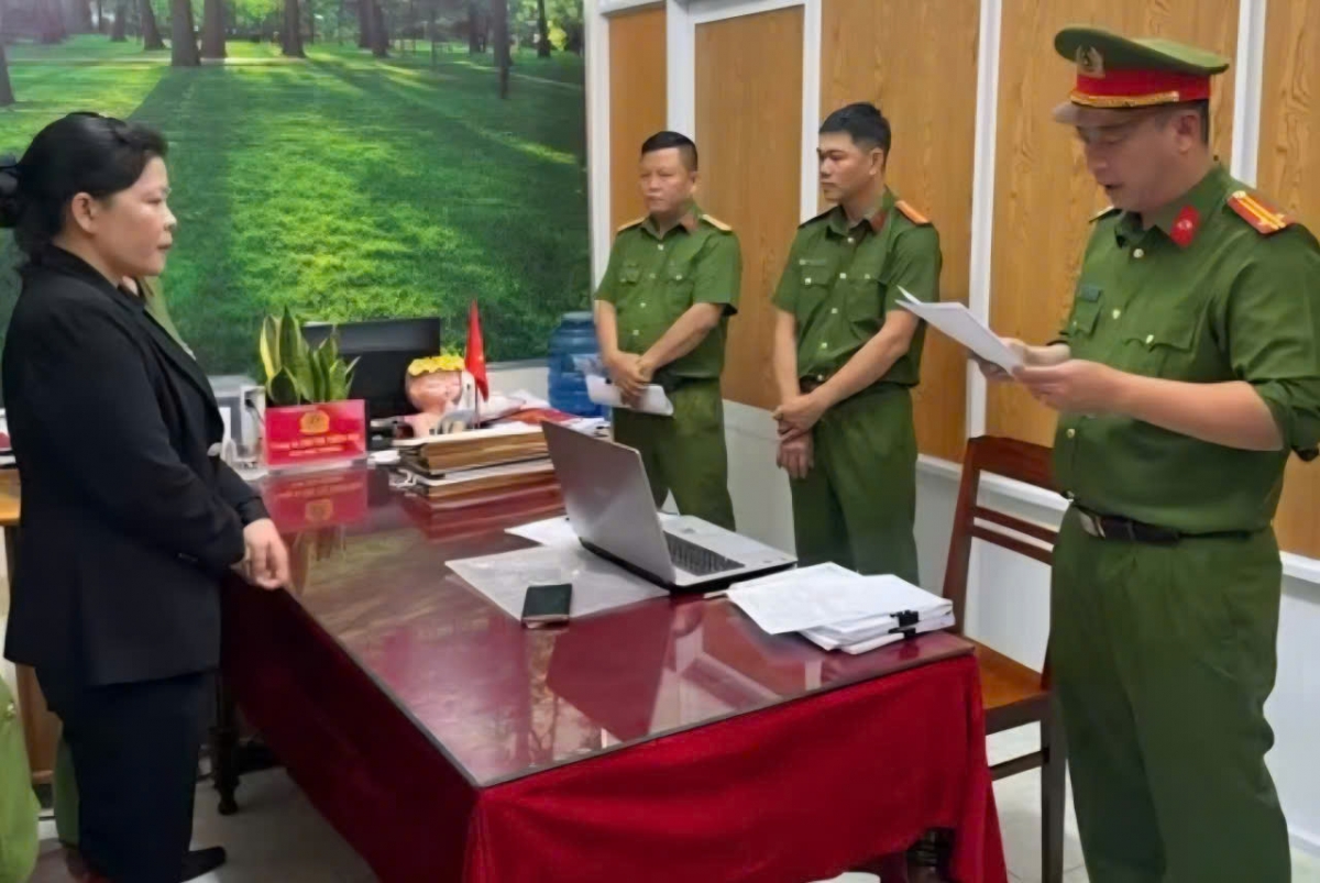 Cơ quan Cảnh sát điều tra Công an tỉnh Gia Lai thi hành lệnh bắt bà Trần Thị Thu (Ảnh: Công an Gia Lai)