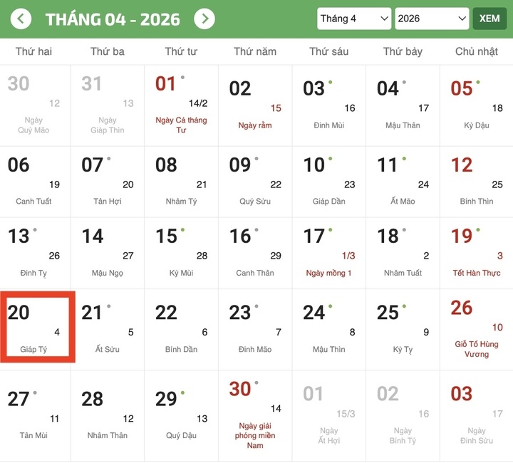 Cốc vũ 2026 là ngày 20/4 Dương lịch. (Ảnh: Chụp màn hình)