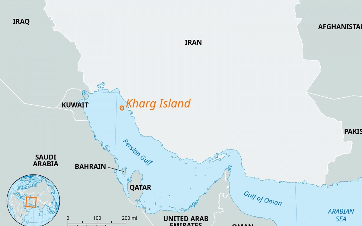 Vị trí đảo Kharg (Iran) trong vịnh Ba Tư. Đồ họa: Britannica.