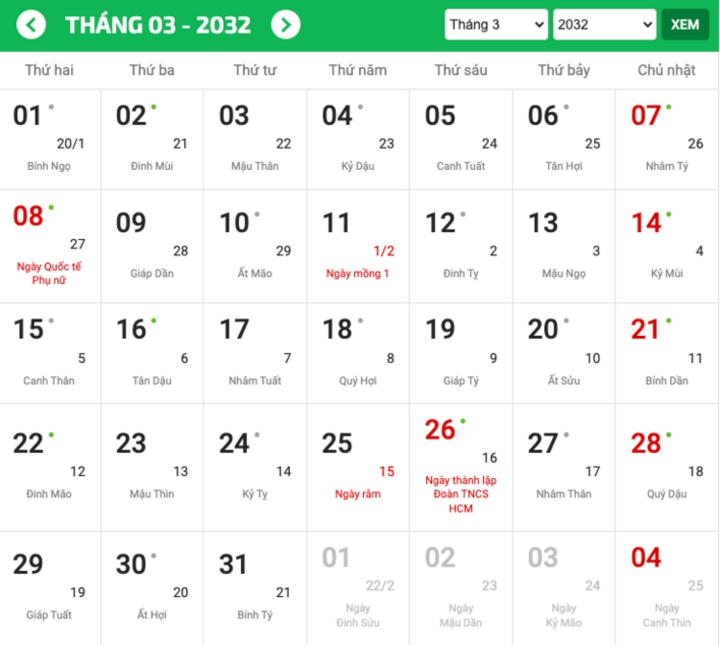 Năm 2032 có thứ Tư ngày 3/3, vì rơi vào năm nhuận. (Ảnh chụp màn hình)