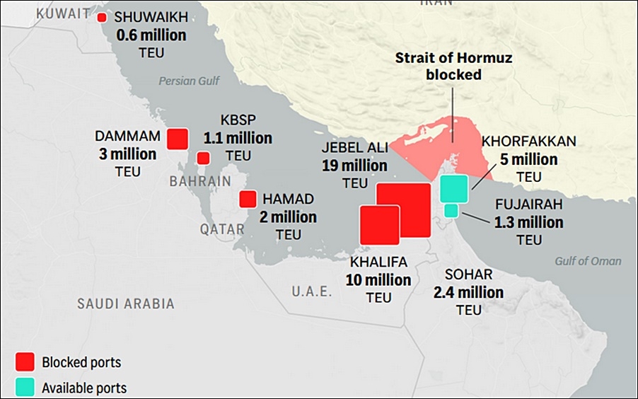 Eo biển yết hầu Hormuz đang bị Iran phong tỏa. Đồ họa: AP.