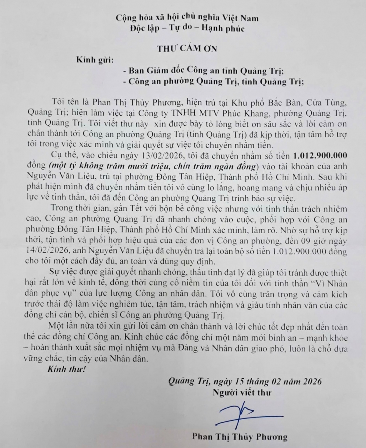 Lá thư của chị Phan Thị Thủy Phương cảm ơn Công an tỉnh Quảng Trị- Ảnh Công an Quảng Trị