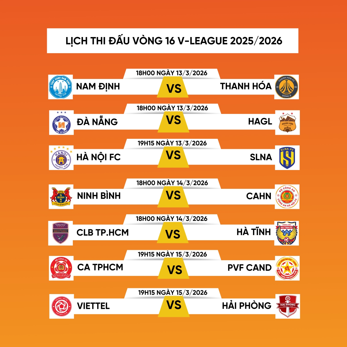 Lịch thi đấu vòng 16 V-League 2025/2026.