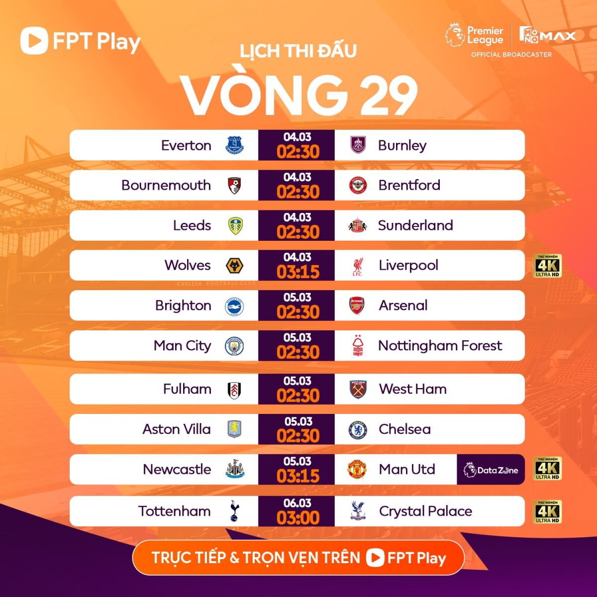 Lịch thi đấu vòng 29 Ngoại hạng Anh 2025/2026.