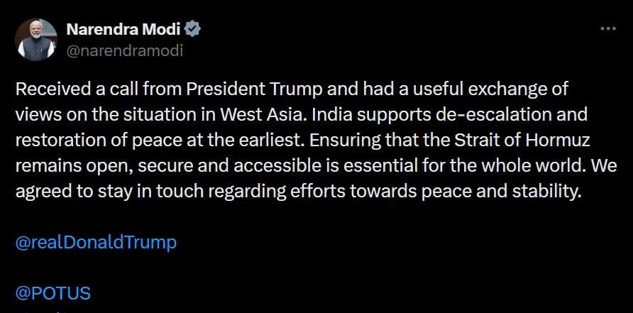 Bài đăng trên mạng xã hội X của Thủ tướng Ấn Độ (Ảnh chụp màn hình)