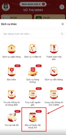 Màn hình chọn chức năng Bầu cử Quốc hội khóa XVI