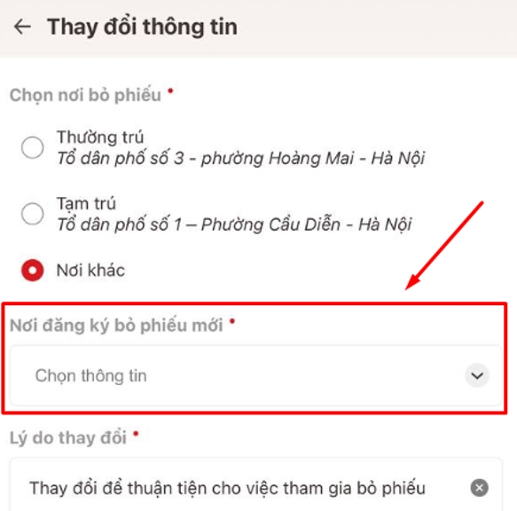 Màn hình thay đổi thông tin – chọn Nơi khác
