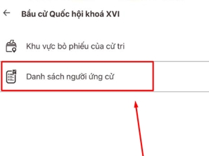Màn hình chọn chức năng Danh sách người ứng cử
