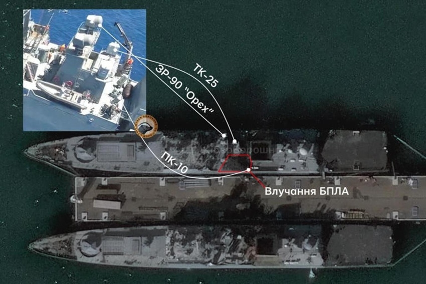 Tàu chiến Nga Admiral Essen mang tên lửa Kalibr mất khả năng tập kích sau đòn tấn công của UAV Ukraine. Nguồn: RBC-Ukraine
