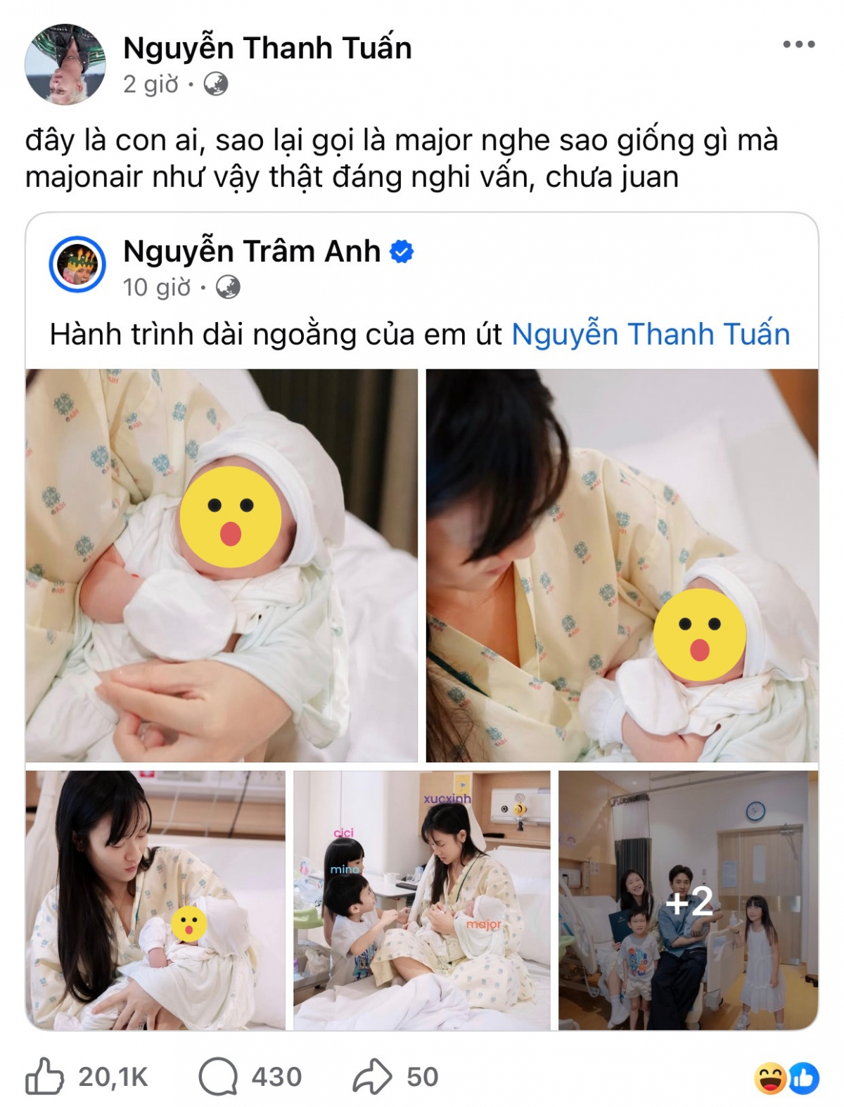 Trâm Anh vừa chia sẻ khoảnh khắc đón con trai thứ 3, đặt tên Minh An, gọi ở nhà là Major. Ngay sau đó, JustaTee đăng lại bài viết của vợ kèm dòng trạng thái gây chú ý: “Đây là con ai mà gọi là Major, nghe giống Majonair, đáng nghi vấn, chưa chuẩn”. Màn chơi chữ khiến netizen xôn xao, cho rằng nam ca sĩ đang “khịa” lại tin đồn trước đó liên quan đến Mai Âm Nhạc.