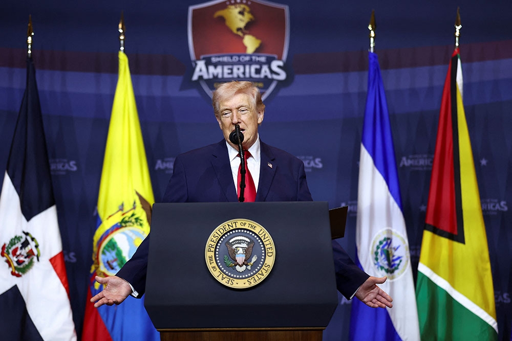 Tổng thống Mỹ Donald Trump phát biểu tại Hội nghị Thượng đỉnh Lá chắn châu Mỹ ngày 7/3. Ảnh: Reuters