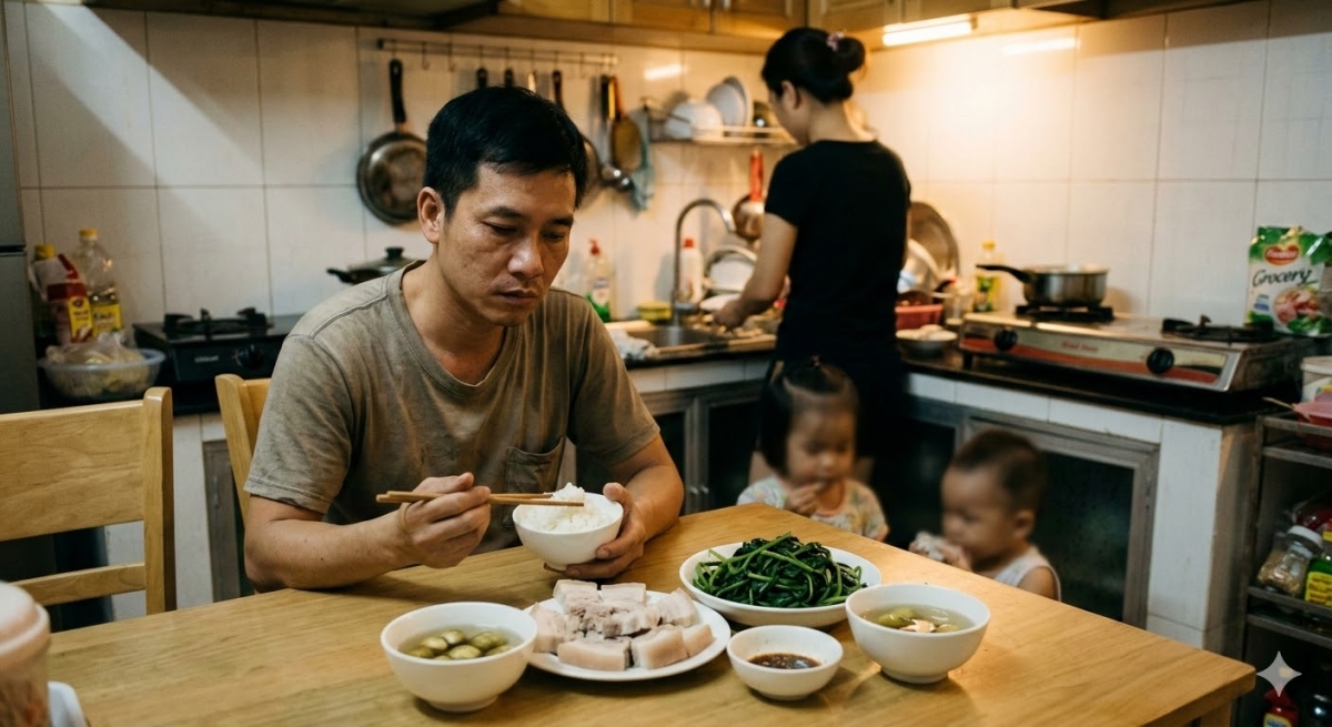 Ngày nào vợ cũng cho bố con tôi ăn rau luộc, thịt luộc (Ảnh minh họa, nguồn: AI)