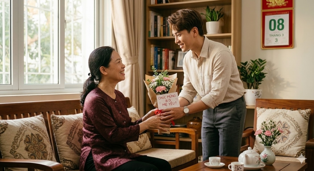 Đôi khi, chỉ cần một bó hoa kèm theo một tấm thiệp viết tay chân thành cũng đủ làm mẹ hạnh phúc (Ảnh minh họa, nguồn: AI)