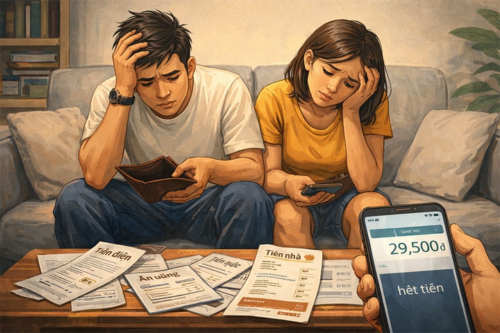 Vợ chồng son lương 50 triệu đồng nhưng chưa hết tháng đã hết tiền (Ảnh: AI)