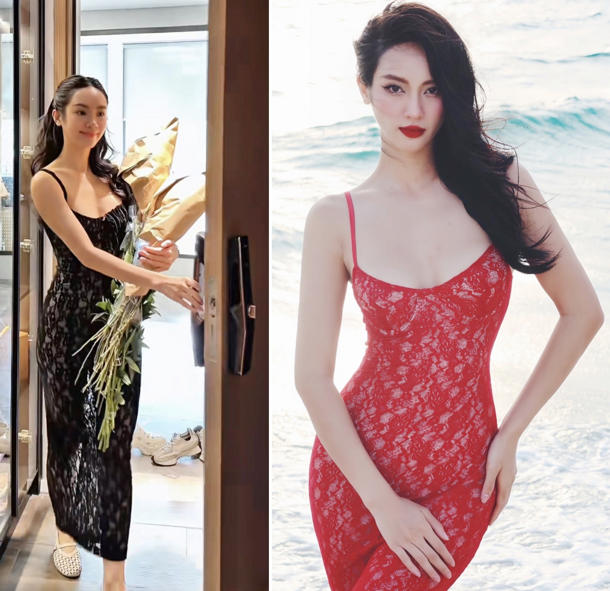 Thiết kế có tông màu đỏ rực, tối giản về kiểu dáng nhưng khéo làm nổi bật ba vòng quyến rũ của Vũ Thúy Quỳnh. Chiếc đầm ren đen được Vũ Thúy Quỳnh ưa chuộng, thường xuyên diện khi đi hẹn hò, du lịch.