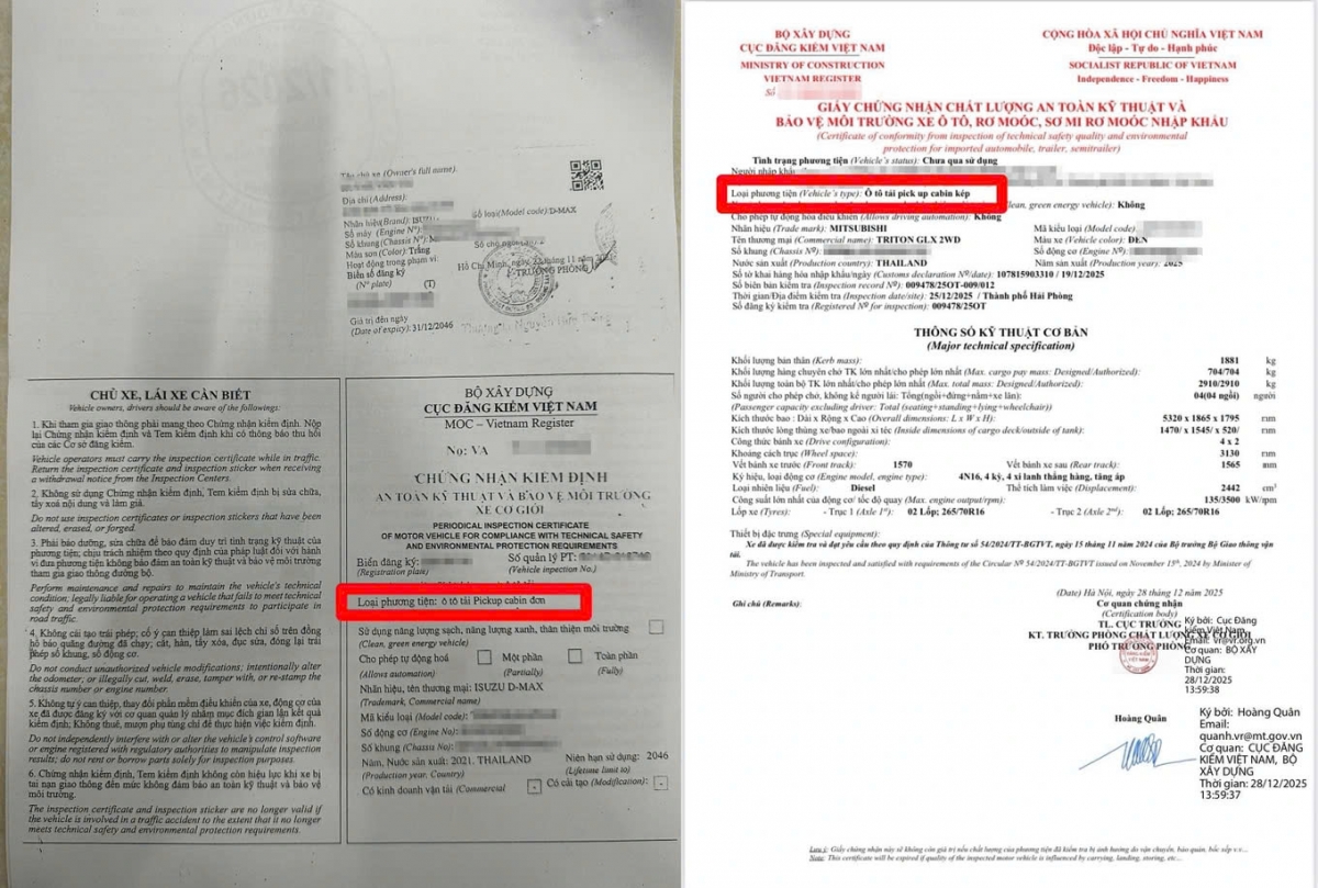 Mitsubishi Triton cabin kép và Isuzu D-Max cabin đơn thuộc nhóm ô tô tải thông dụng (Ảnh: Cục CSGT).