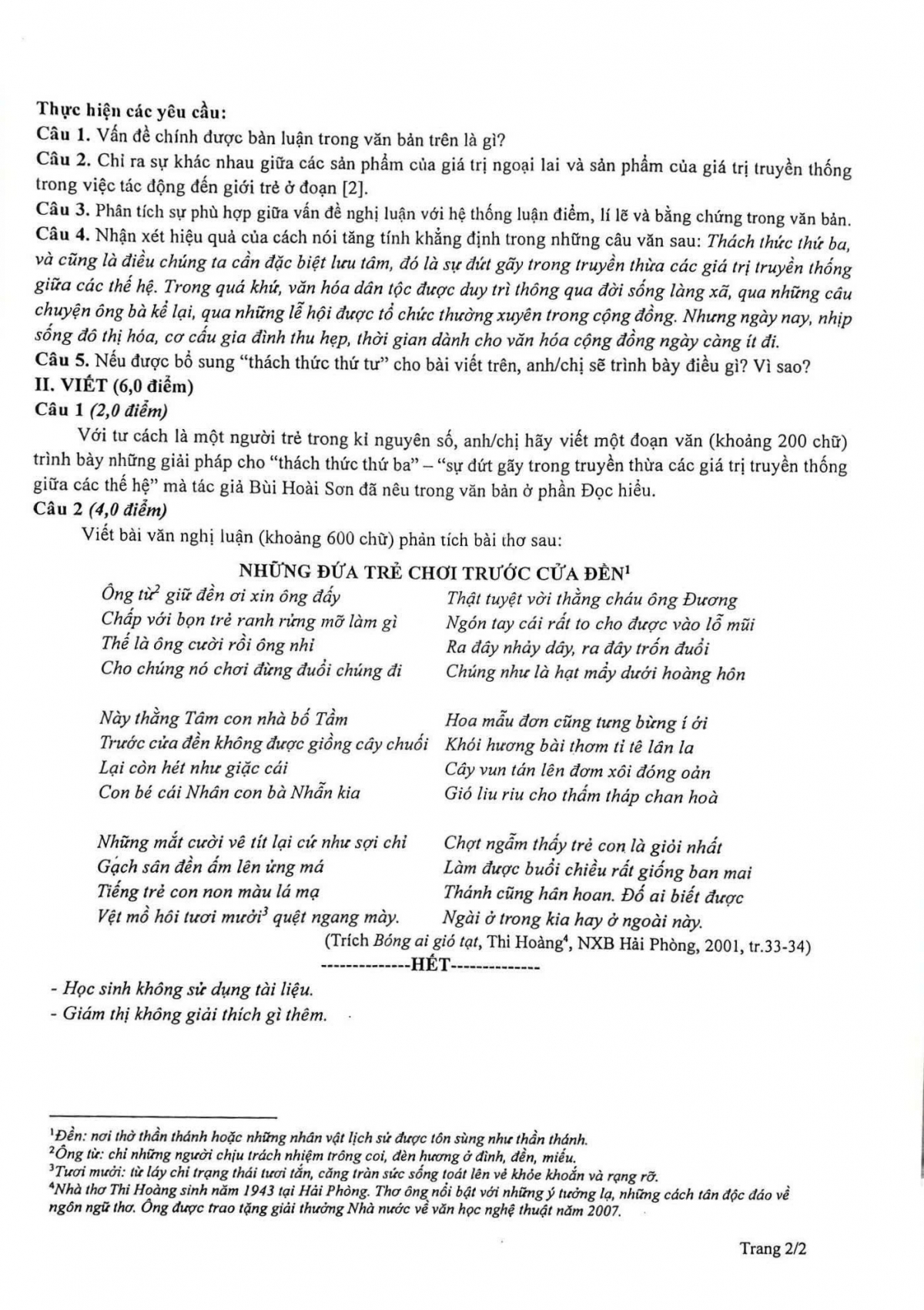 Đề thi môn văn của kỳ thi khảo sát khảo sát chất lượng toàn thành phố Hà Nội
